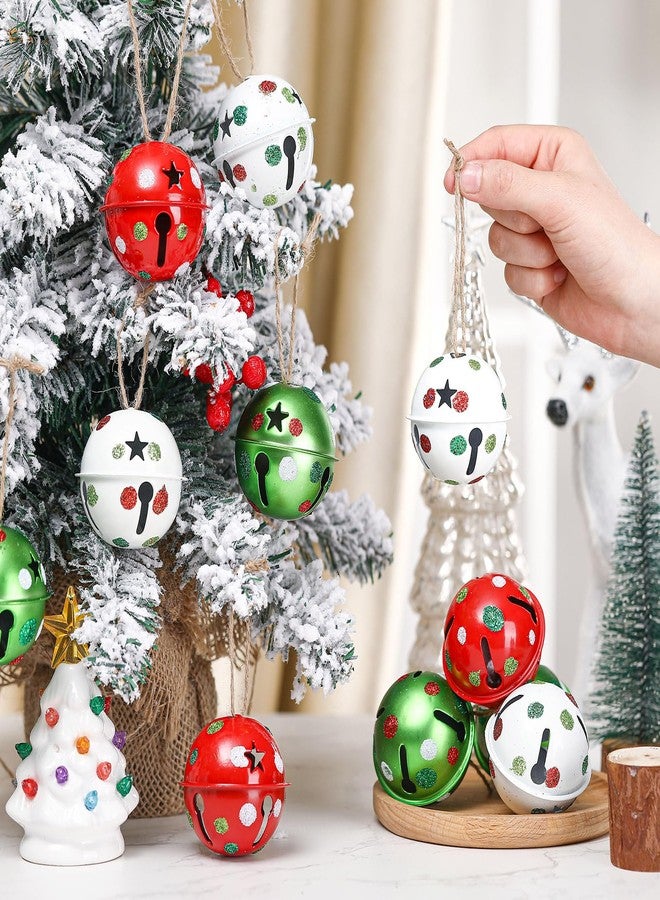 Simgoing 12 Pcs Large Christmas Jingle Bells with Ribbon 2.4 Inch Metal Cutout Craft Bells Lime Green Glitter Dot Red Green Christmas Tree Ornaments Xmas Hanging Decor for Holiday Wreath Garland DIY Decor - Image 4
